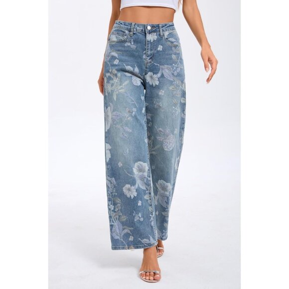 Women's Floral High Waisted Straight Leg Stretch Denim Jeans Summer Casual - Picture 2 of 7